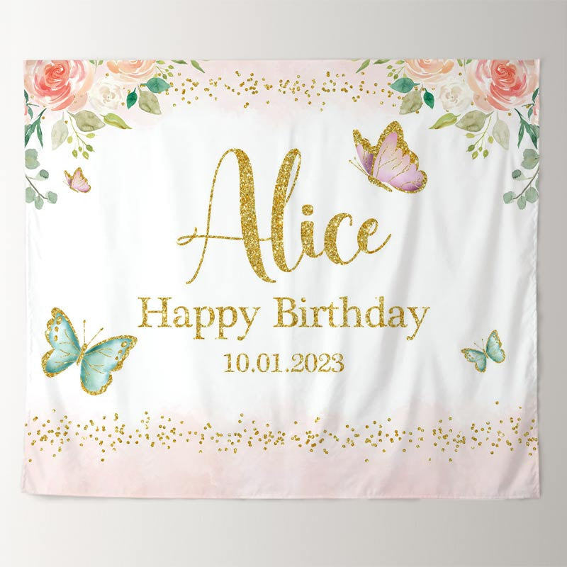 Lofaris Personalized Butterfly Floral Gold Glitter Party Backdrop