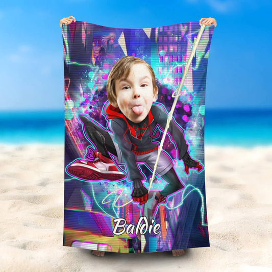 Lofaris Personalized Cyberpunk Spiderboy City Name Beach Towel