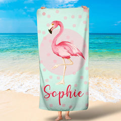 Lofaris Personalized Dots Flamingo And Name Beach Towel