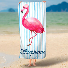 Lofaris Personalized Flamingo Stripes Name Fun Beach Towel