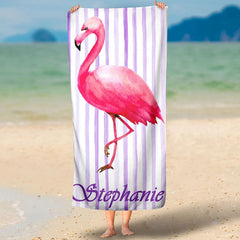 Lofaris Personalized Flamingo Stripes Name Fun Beach Towel