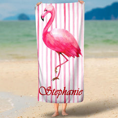 Lofaris Personalized Flamingo Stripes Name Fun Beach Towel