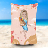 Lofaris Personalized Grocery Woman Face Pink Photo Beach Towel