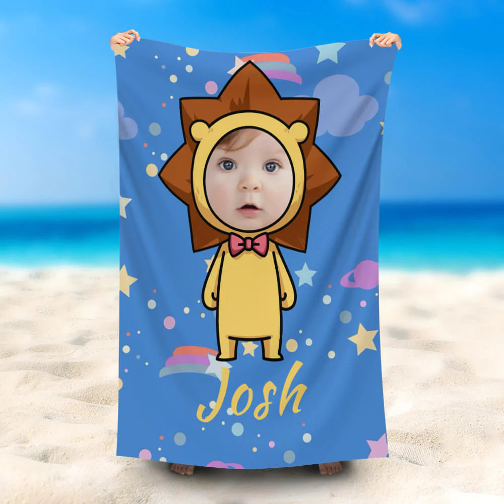 Lofaris Personalized Leo Baby Head Blue Space Beach Towel