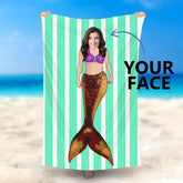 Lofaris Personalized Mermaid Green Stripes Summer Beach Towel