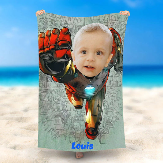 Lofaris Personalized Name Charge Brave Ironboy Beach Towel