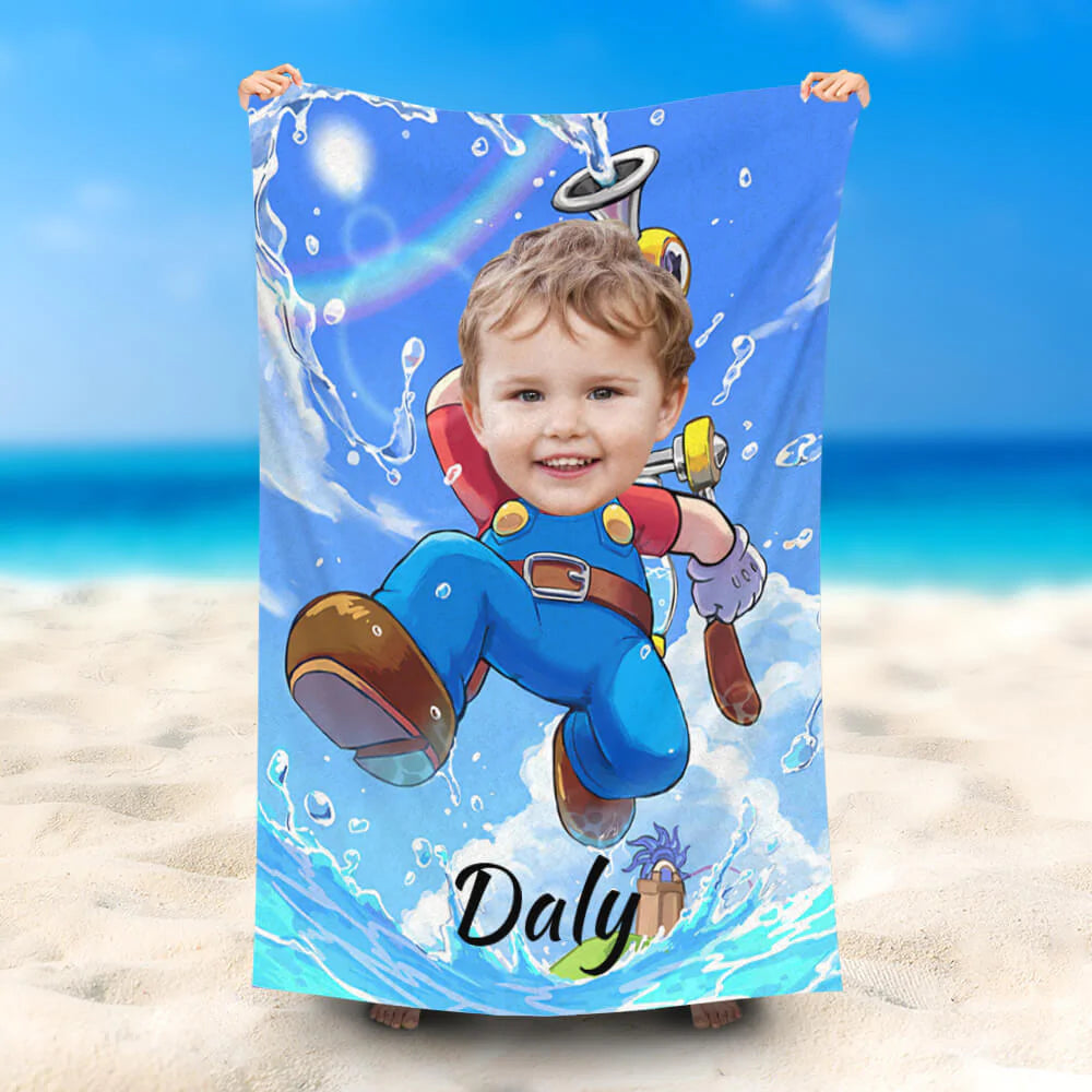 Lofaris Personalized Name Mario On Wave Run Sky Beach Towel