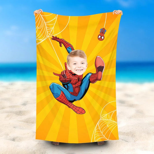 Lofaris Personalized Orange Stripe Spiderboy Beach Towel