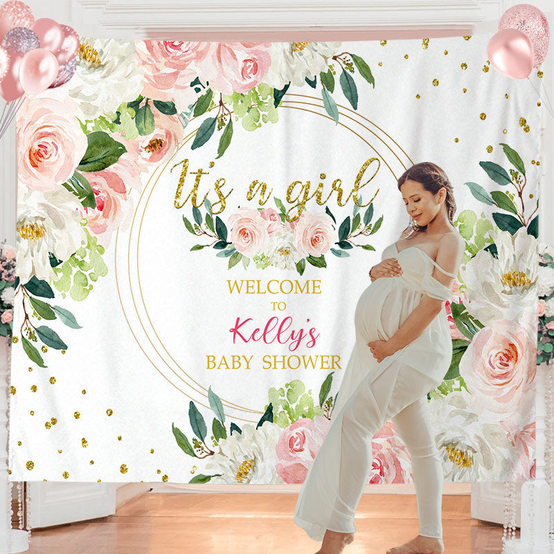 Lofaris Personalized Pink Floral Baby Shower Backdrop For Girl
