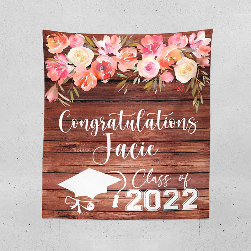 Lofaris Personalized Pink Flower Wood Graduation Backdrop Decor