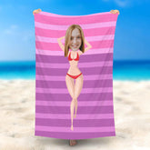 Lofaris Personalized Red Bikini Beauty Stripe Photo Beach Towel