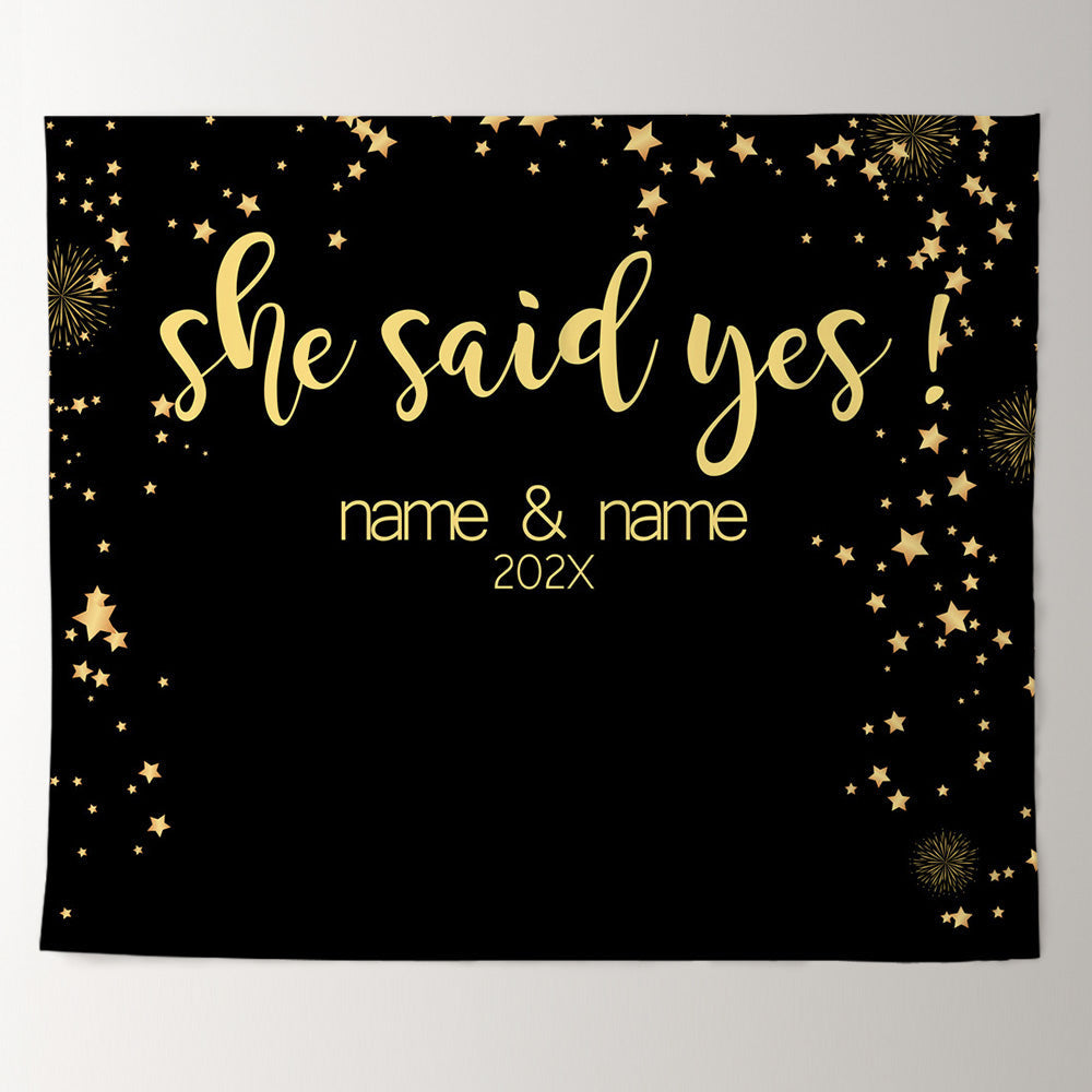 Lofaris Personalized She Said Yes Black Gold Wedding Backdrop