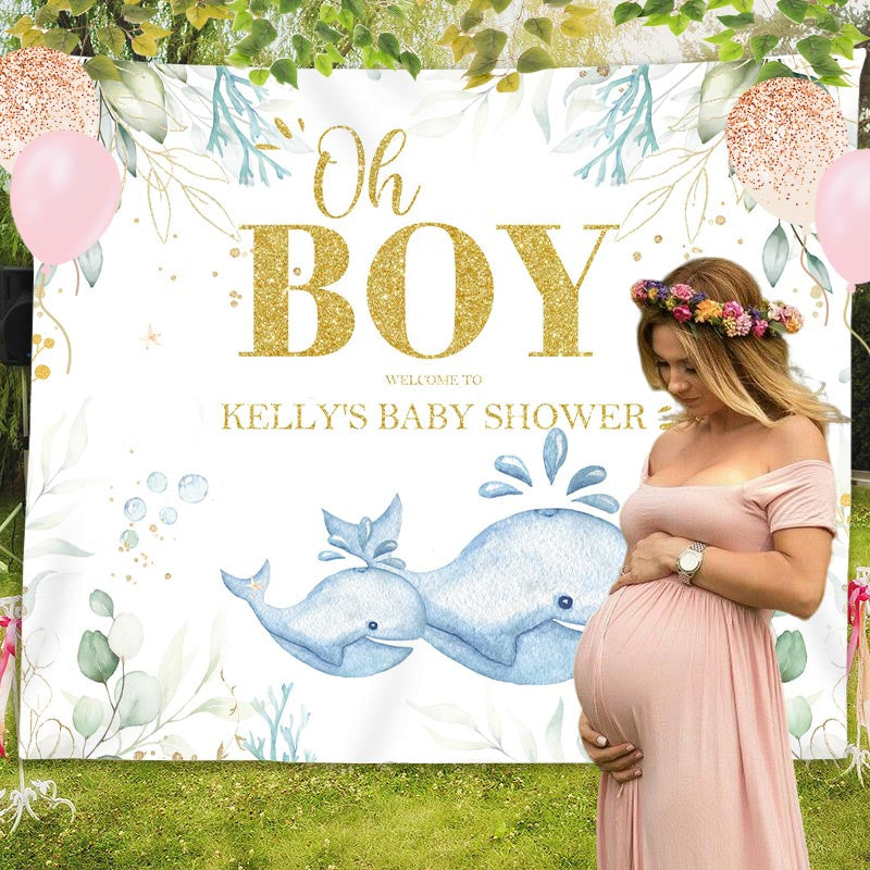 Lofaris Personalized Whale Leaves Boy Baby Shower Backdrop