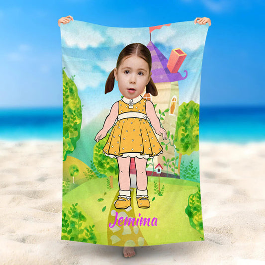 Lofaris Personalized Yellow Dress Girl Grass Name Beach Towel
