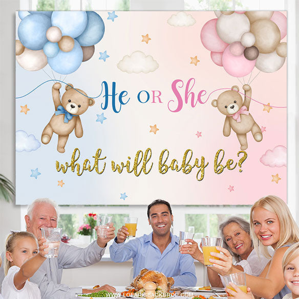 Lofaris Pink And Blue Bears Balloon Gender Reveal Backdrop