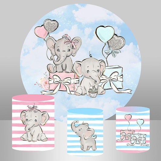Lofaris Pink And Blue Elephant Round Backdrop For Baby Shower
