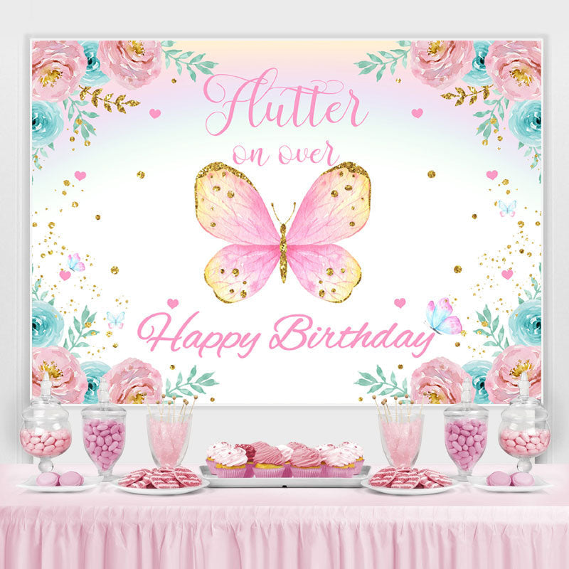 Lofaris Pink And Blue Flowers Butterfly Theme Birthday Backdrop