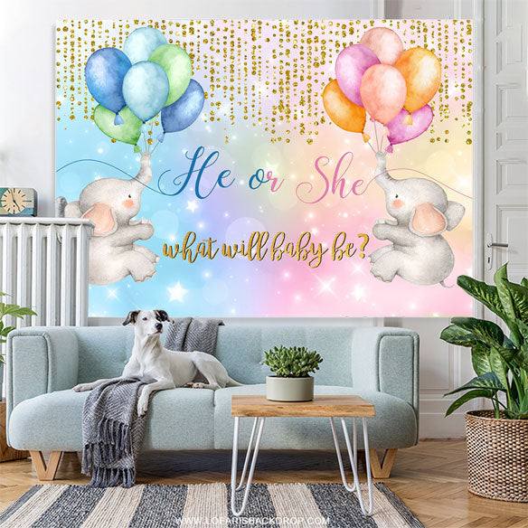 Lofaris Pink And Blue Glitter Elephants Gender Reveal Backdrop