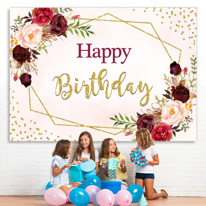 Lofaris Pink And Dark Red Floral Happy Birthday Party Backdrop
