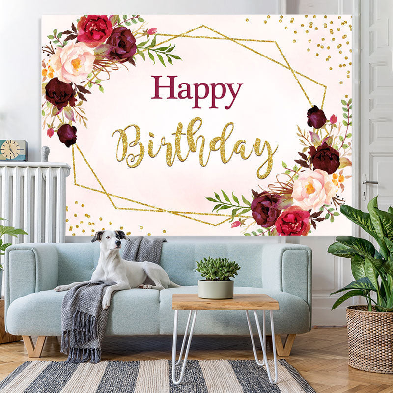 Lofaris Pink And Dark Red Floral Happy Birthday Party Backdrop