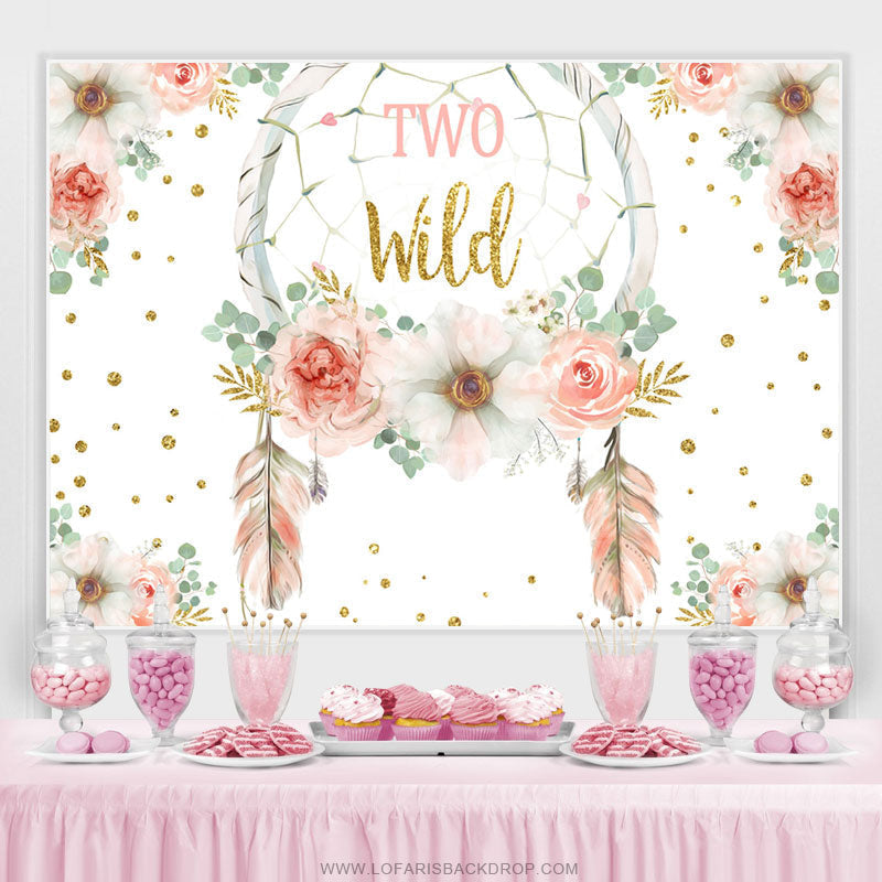 Lofaris Pink And Gold Glitter Floral Two Wild Birthday Backdrop