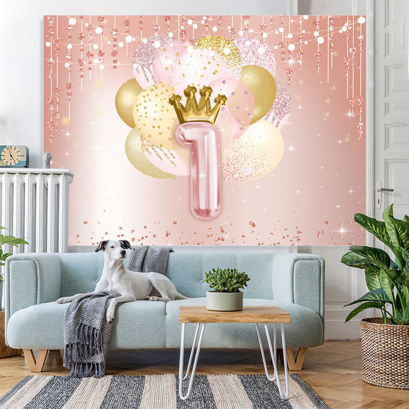 Lofaris Pink and Golden Balloon Bokeh 1Th Birthday Backdrop
