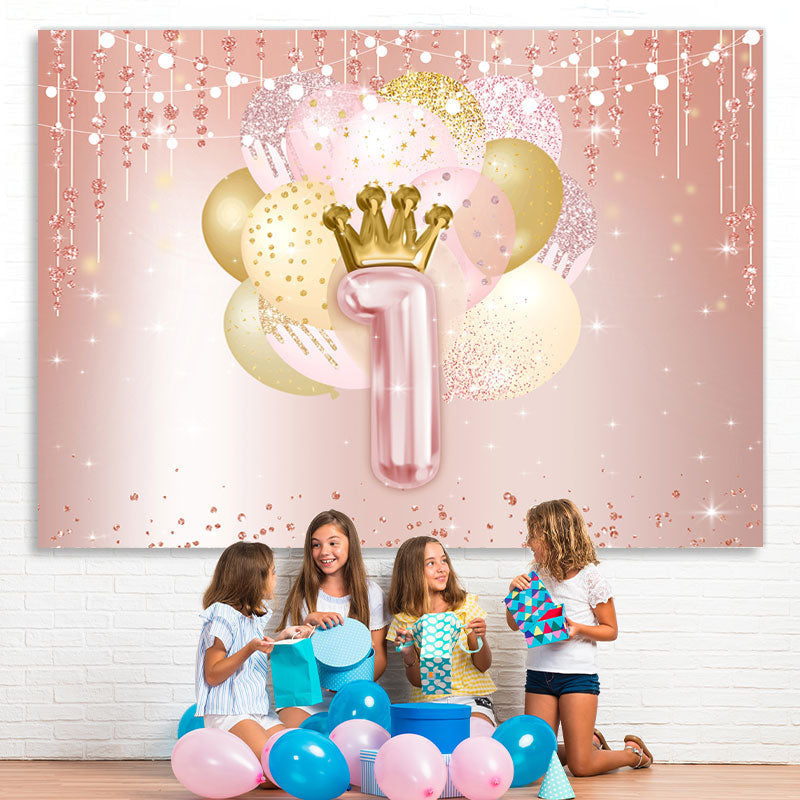 Lofaris Pink and Golden Balloon Bokeh 1Th Birthday Backdrop