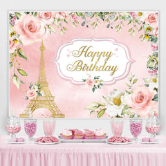 Lofaris Pink And Golden Floral Tower Happy Birthday Backdrop