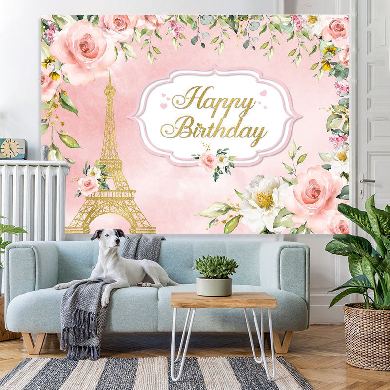 Lofaris Pink And Golden Floral Tower Happy Birthday Backdrop