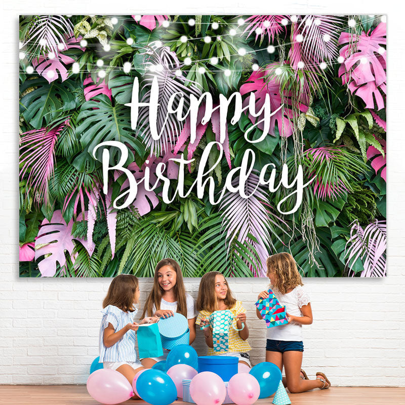 Lofaris Pink and Green Tropical Leaves Happy Birthday Backdrop