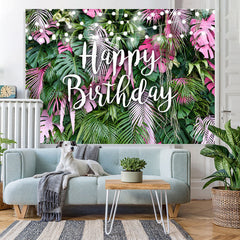 Lofaris Pink and Green Tropical Leaves Happy Birthday Backdrop