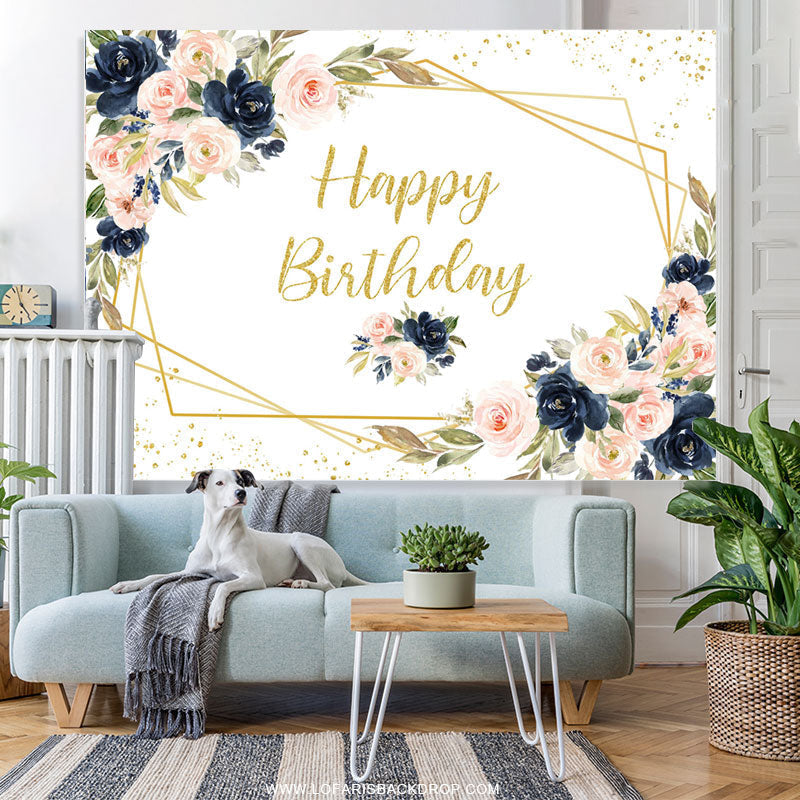 Lofaris Pink And Navy Blue Floral Gold Glitter Birthday Backdrop