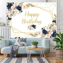 Lofaris Pink And Navy Blue Floral Gold Glitter Birthday Backdrop