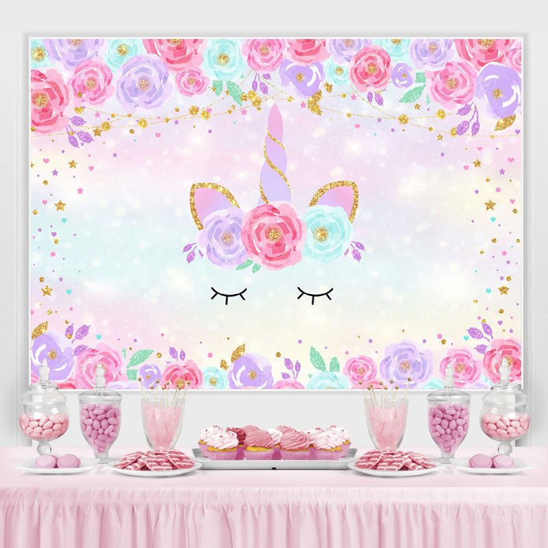 Lofaris Pink and Purple Floral Unicorn themed Glitter Backdrop