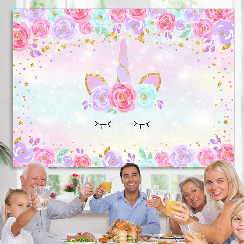 Lofaris Pink and Purple Floral Unicorn themed Glitter Backdrop