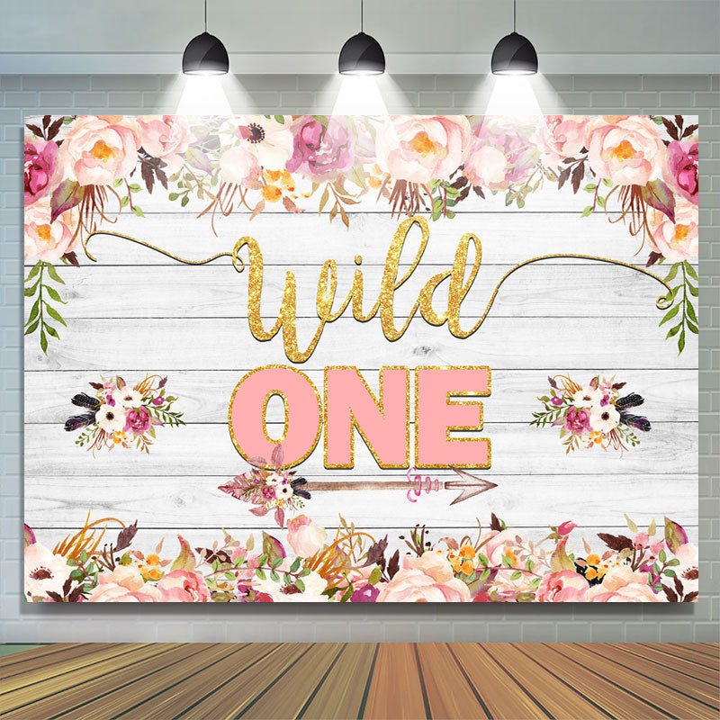 Lofaris Pink and Red Floral Wild One Wood 1St Birthday Backdorp