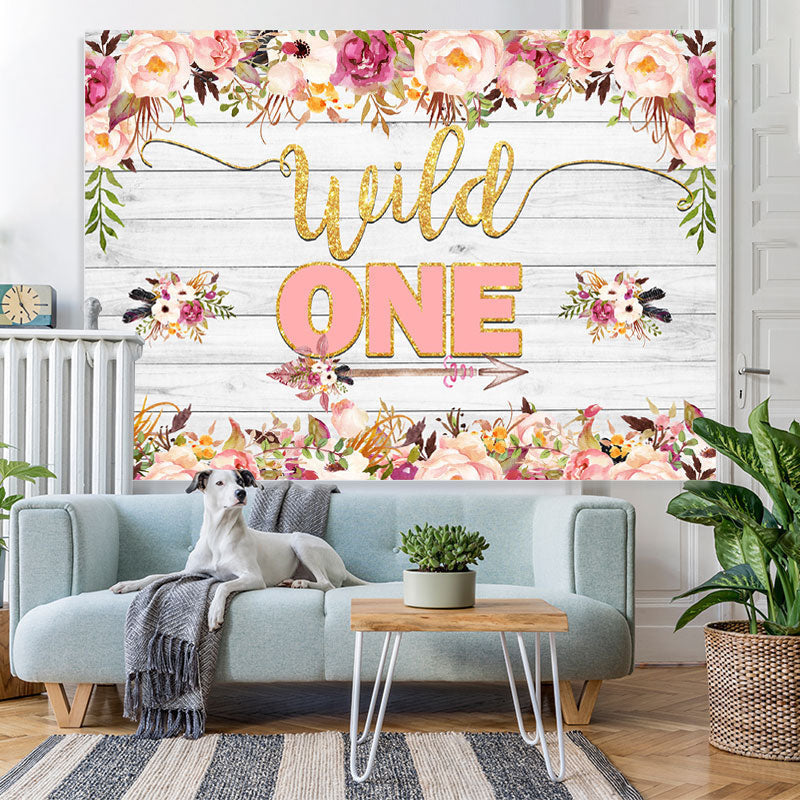 Lofaris Pink and Red Floral Wild One Wood 1St Birthday Backdorp