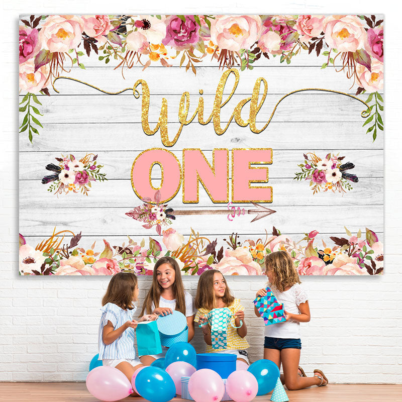 Lofaris Pink and Red Floral Wild One Wood 1St Birthday Backdorp