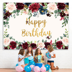 Lofaris Pink and Red Roses Golden Happy Birthday Party Backdrop