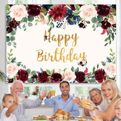 Lofaris Pink and Red Roses Golden Happy Birthday Party Backdrop