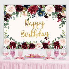 Lofaris Pink and Red Roses Golden Happy Birthday Party Backdrop