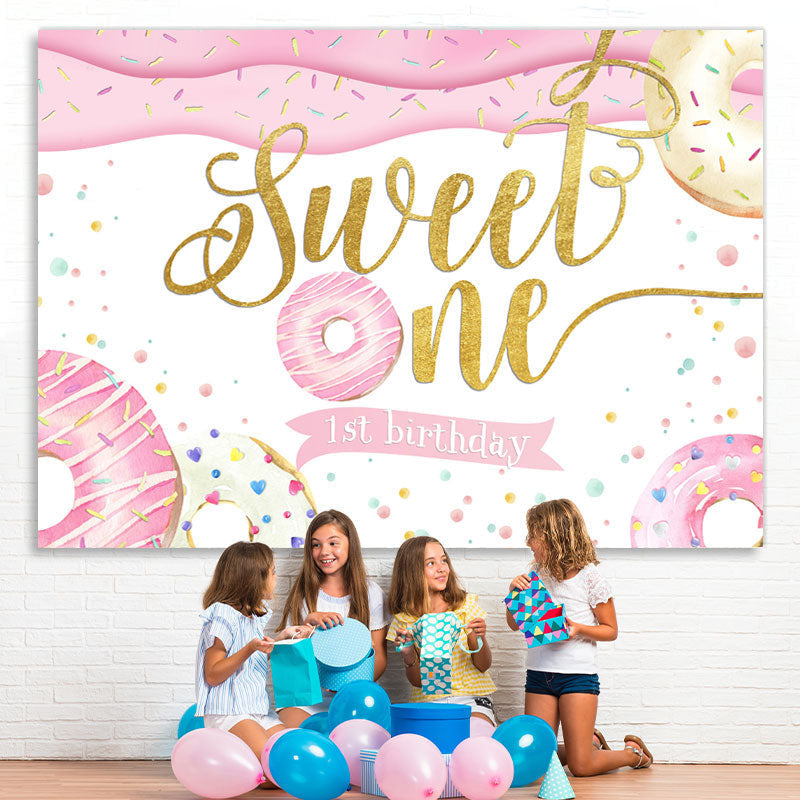 Lofaris Pink and White Donut Sweet on 1st Birthday Backdrop
