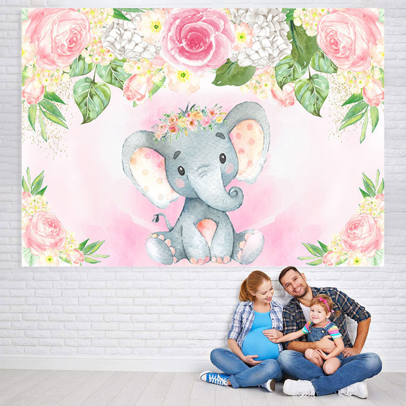 Lofaris Pink and White Floral Elephent Baby Shower Backdrop