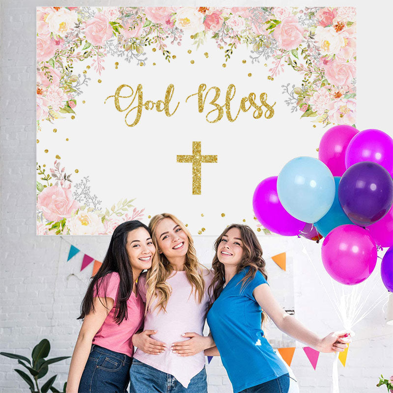 Lofaris Pink And White Floral God Bless Baby Shower Backdrop