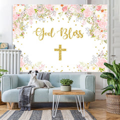 Lofaris Pink And White Floral God Bless Baby Shower Backdrop