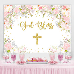 Lofaris Pink And White Floral God Bless Baby Shower Backdrop