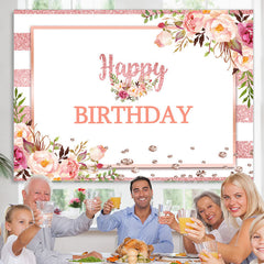 Lofaris Pink And White Floral Happy Birthday Backdrop For Girl