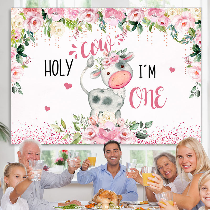 Lofaris Pink And White Floral Holy Cow 1st Birthday Backdrop