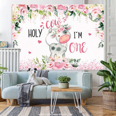 Lofaris Pink And White Floral Holy Cow 1st Birthday Backdrop