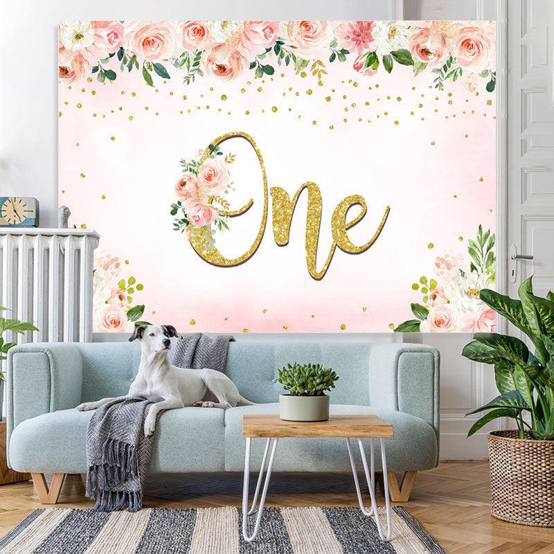 Lofaris Pink and White Roses Happy 1St Birthday Backdrop Girl